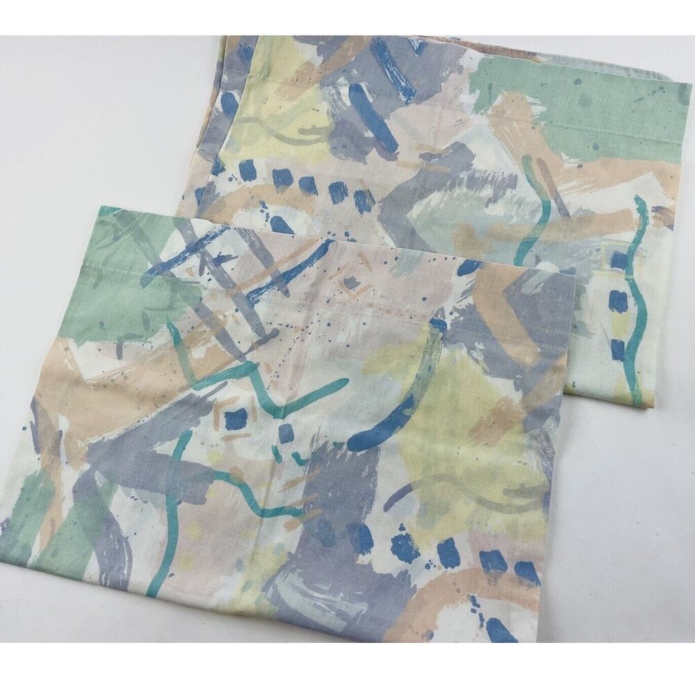 2 Vintage 80s Pillowcases Cannon Pastel Cotton Blend Watercolor Print Retro Rare